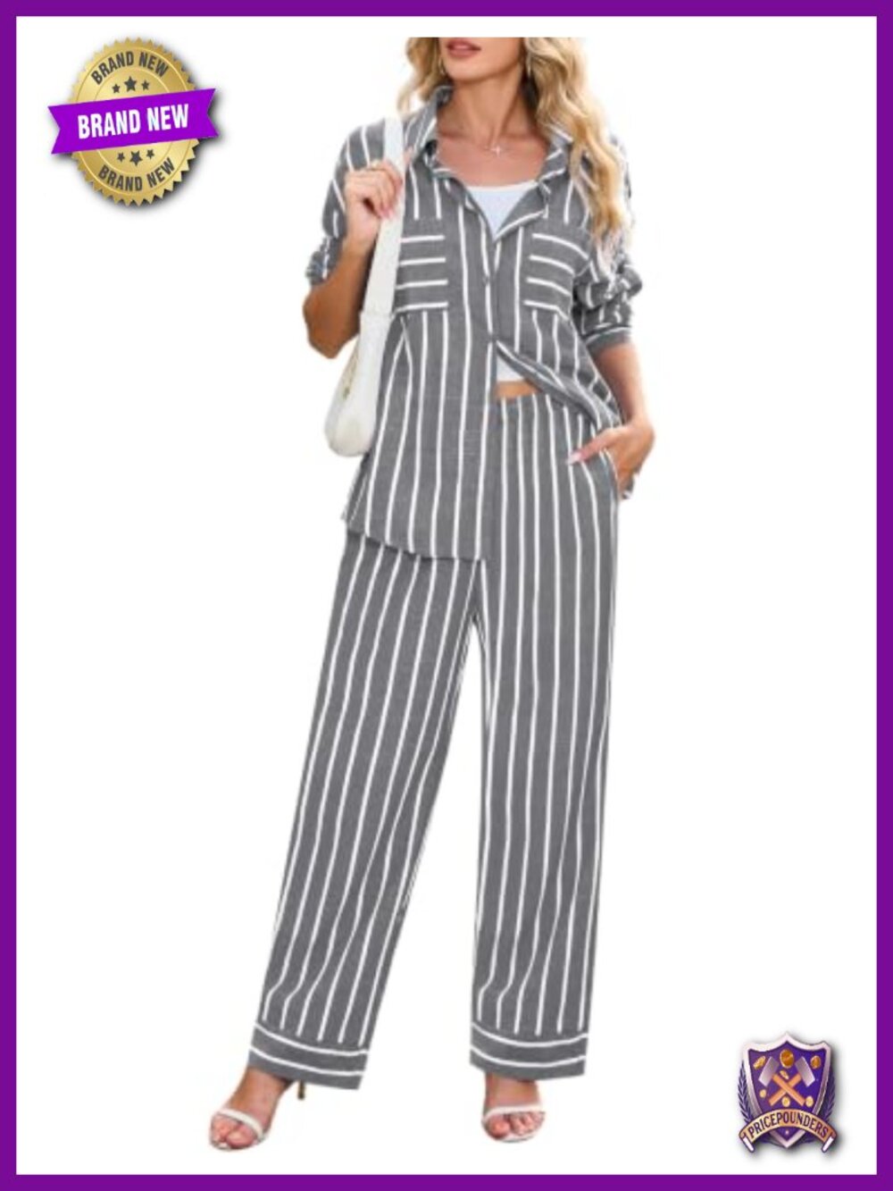 Women's Striped 2 Piece Lounge Set Button Down Shirt Wide Leg Pants